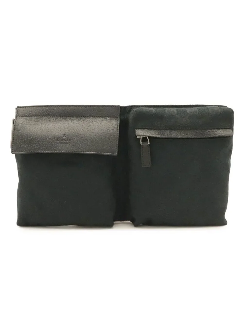 Gucci GG Canvas Belt Bag Waist Pouch Hip Bag Leather Black Silver